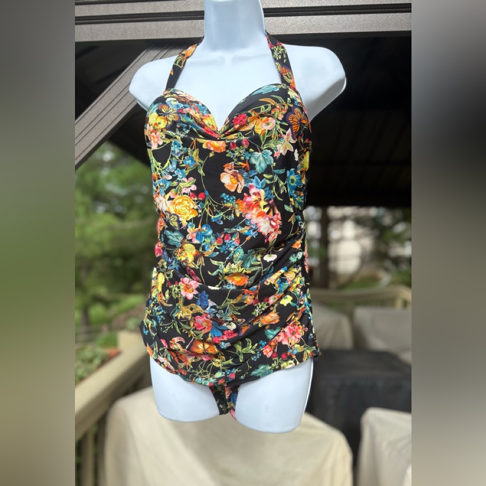 Woman’s Floral Halter Ruched Swimwear, Size: XXL